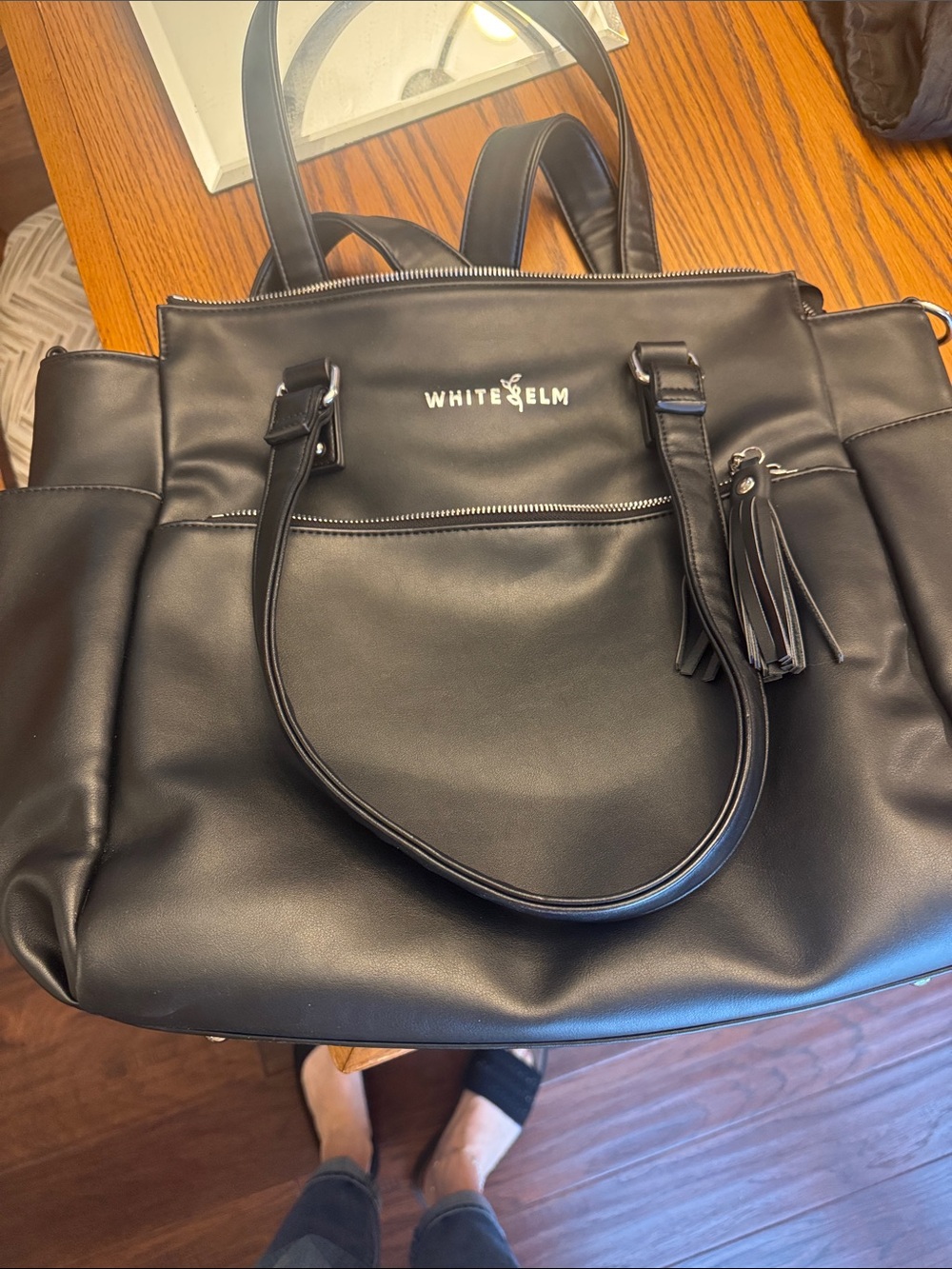 White Elm Black Faux Leather Tote with Tassel